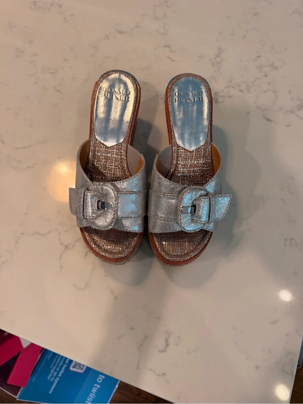 Donald J. Pliner Silver Metallic Buckle Wedge Sandals